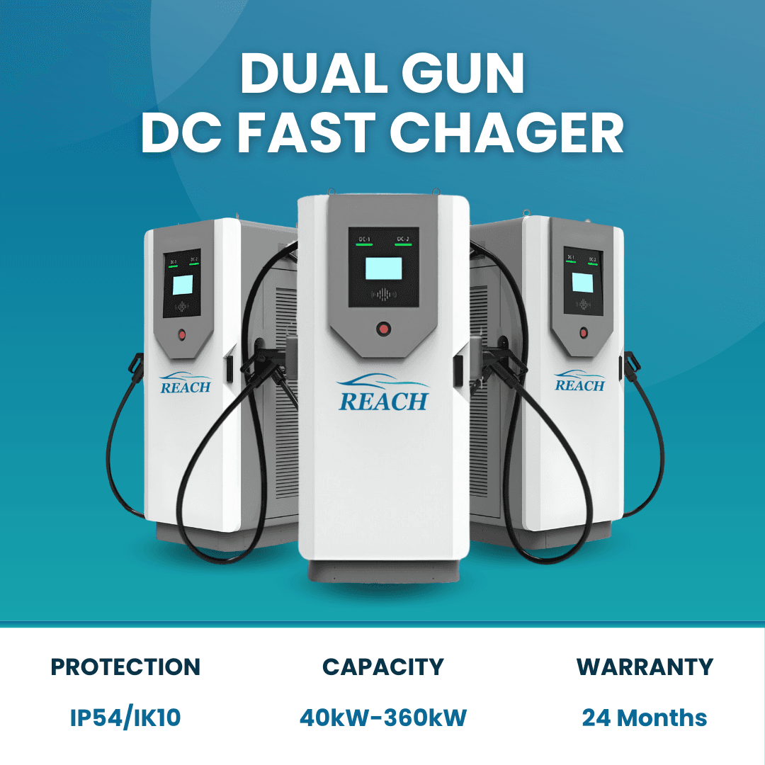 REACH CCS2 Dual Gun DC EV Fast Charger: 40 kW – 360 kW DC EV charger with  kW output rating, featuring advanced power management and smart connectivity for commercial EV charging stations in India