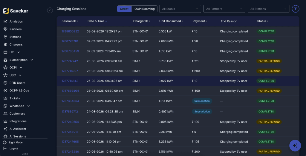 Savekar CMS Charging Sessions UPI Screenshot