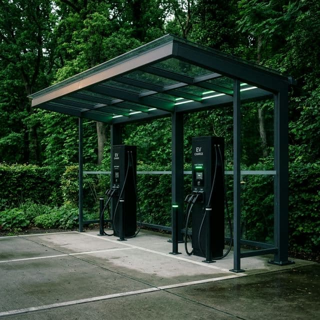 Modern EV charging station with glass canopy surrounded by greenery