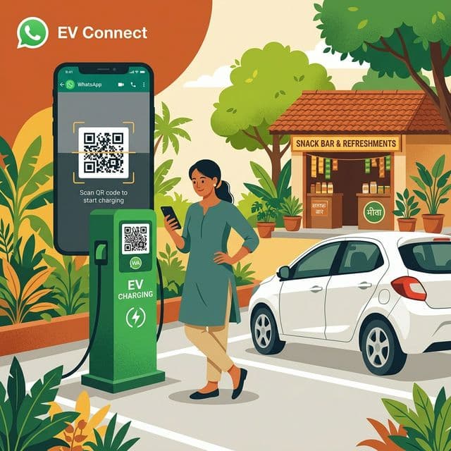 WhatsApp EV charging illustration showing no-app required solution